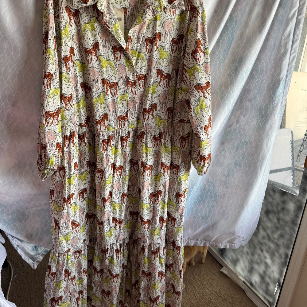 Maeve -Anthropology Multicolor Horse Print Maxi tiered Cotton dress